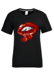 White Fashion Street Lips Printed Patchwork O Neck T-Shirts