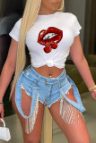 White Fashion Street Lips Printed Patchwork O Neck T-Shirts