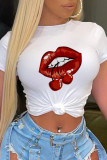 White Fashion Street Lips Printed Patchwork O Neck T-Shirts