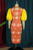 Orange Fashion Casual Print Patchwork Slit O Neck Evening Dress