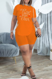 Blue Fashion Casual Letter Hot Drilling Bandage Slit O Neck Short Sleeve Two Pieces