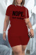 Burgundy Fashion Casual Letter Print Bandage Slit O Neck Short Sleeve Two Pieces
