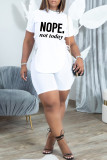Blue Fashion Casual Letter Print Bandage Slit O Neck Short Sleeve Two Pieces