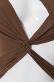 Brown Sexy Solid Hollowed Out Patchwork O Neck Regular Jumpsuits