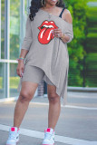 Grey Fashion Casual Lips Printed Patchwork Asymmetrical Oblique Collar Two Pieces
