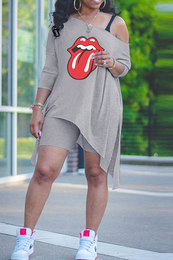 Grey Fashion Casual Lips Printed Patchwork Asymmetrical Oblique Collar Two Pieces