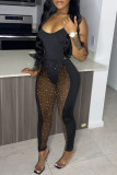Black Fashion Sexy Solid Patchwork See-through Backless Spaghetti Strap Sleeveless Two Pieces