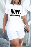 Blue Fashion Casual Letter Print Bandage Slit O Neck Short Sleeve Two Pieces