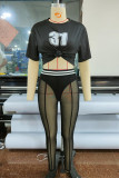 Black Fashion Casual Print Patchwork See-through O Neck Short Sleeve Two Pieces