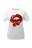 White Fashion Street Lips Printed Patchwork O Neck T-Shirts