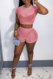 Pink Fashion Sexy Solid See-through O Neck Short Sleeve Two Pieces