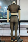 Black Fashion Sexy Solid See-through O Neck Short Sleeve Two Pieces
