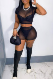 Pink Fashion Sexy Solid See-through O Neck Short Sleeve Two Pieces