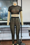 Black Fashion Sexy Solid See-through O Neck Short Sleeve Two Pieces