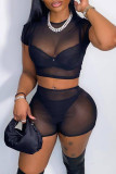 Pink Fashion Sexy Solid See-through O Neck Short Sleeve Two Pieces