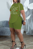 Blue Fashion Casual Letter Hot Drilling Bandage Slit O Neck Short Sleeve Two Pieces