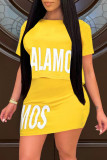 Yellow Fashion Casual Letter Print Basic O Neck Short Sleeve Two Pieces