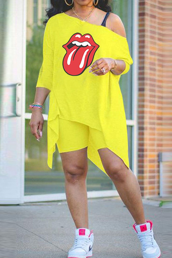 Yellow Fashion Casual Lips Printed Patchwork Asymmetrical Oblique Collar Two Pieces