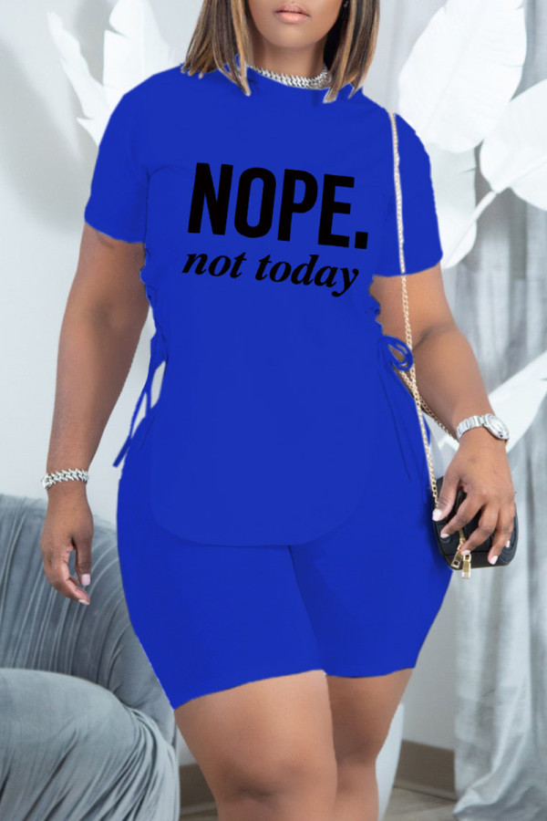 Blue Fashion Casual Letter Print Bandage Slit O Neck Short Sleeve Two Pieces