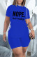 Blue Fashion Casual Letter Print Bandage Slit O Neck Short Sleeve Two Pieces