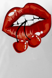 White Fashion Street Lips Printed Patchwork O Neck T-Shirts