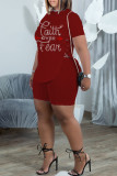 Blue Fashion Casual Letter Hot Drilling Bandage Slit O Neck Short Sleeve Two Pieces