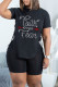 Black Fashion Casual Letter Hot Drilling Bandage Slit O Neck Short Sleeve Two Pieces