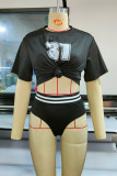 Black Fashion Casual Print Basic O Neck Short Sleeve Two Pieces