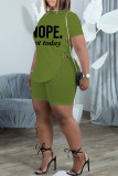 Blue Fashion Casual Letter Print Bandage Slit O Neck Short Sleeve Two Pieces