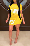 Yellow Fashion Casual Letter Print Basic O Neck Short Sleeve Two Pieces