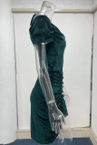 Ink Green Elegant Solid Split Joint Asymmetrical Spaghetti Strap One Step Skirt Dresses