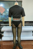 Black Fashion Casual Print Patchwork See-through O Neck Short Sleeve Two Pieces