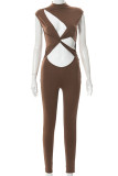 Brown Sexy Solid Hollowed Out Patchwork O Neck Regular Jumpsuits