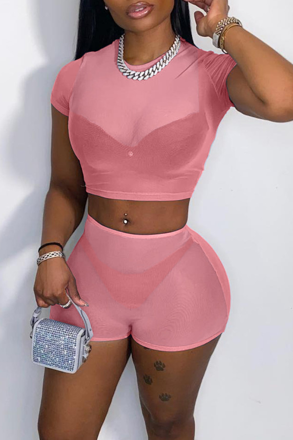Pink Fashion Sexy Solid See-through O Neck Short Sleeve Two Pieces