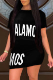 Yellow Fashion Casual Letter Print Basic O Neck Short Sleeve Two Pieces