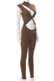 Brown Sexy Solid Hollowed Out Patchwork O Neck Regular Jumpsuits