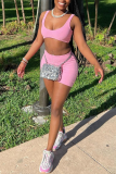 Pink Casual Sportswear Solid Basic O Neck Sleeveless Two Pieces