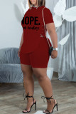 Blue Fashion Casual Letter Print Bandage Slit O Neck Short Sleeve Two Pieces
