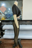 Black Fashion Casual Print Patchwork See-through O Neck Short Sleeve Two Pieces