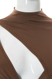 Brown Sexy Solid Hollowed Out Patchwork O Neck Regular Jumpsuits