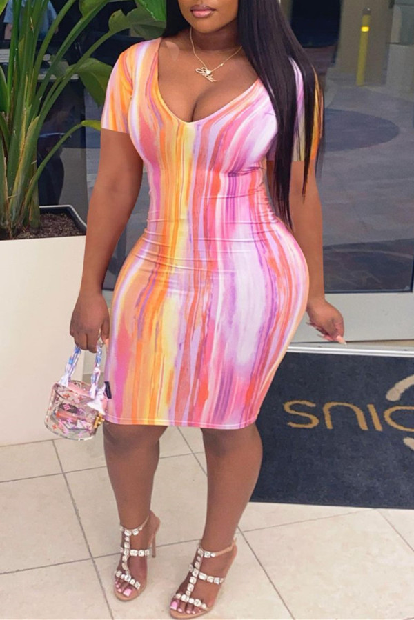 Pink Fashion Casual Print Basic V Neck Short Sleeve Dress