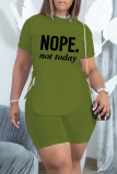 Blue Fashion Casual Letter Print Bandage Slit O Neck Short Sleeve Two Pieces