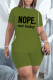 Army Green Fashion Casual Letter Print Bandage Slit O Neck Short Sleeve Two Pieces