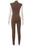 Brown Sexy Solid Hollowed Out Patchwork O Neck Regular Jumpsuits