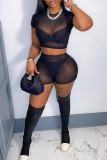 Pink Fashion Sexy Solid See-through O Neck Short Sleeve Two Pieces