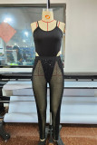 Black Fashion Sexy Solid Patchwork See-through Backless Spaghetti Strap Sleeveless Two Pieces