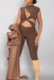 Brown Sexy Solid Hollowed Out Patchwork O Neck Regular Jumpsuits