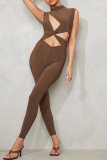 Brown Sexy Solid Hollowed Out Patchwork O Neck Regular Jumpsuits