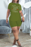 Blue Fashion Casual Letter Hot Drilling Bandage Slit O Neck Short Sleeve Two Pieces