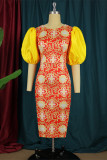 Orange Fashion Casual Print Patchwork Slit O Neck Evening Dress